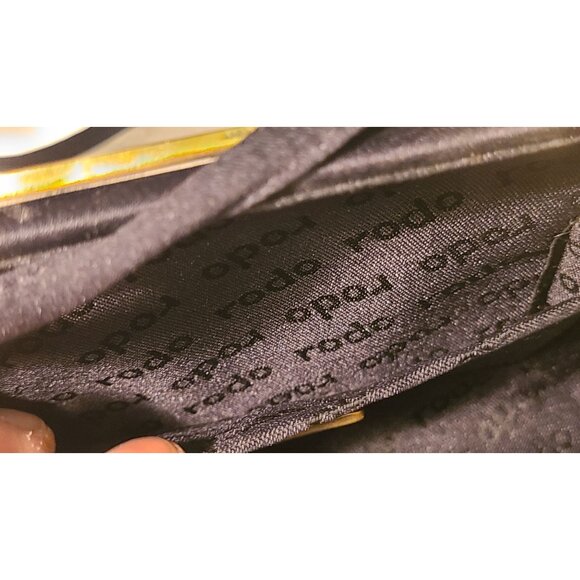 VINTAGE RODO Italy Black Satin Evening Clutch Rhinestone Crystal Clasp Minaudier - Picture 7 of 16